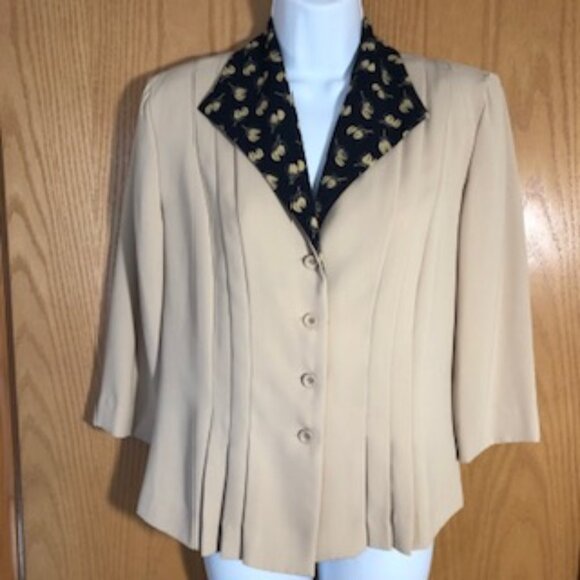 Danny & Nicole Retro Blouse Jacket Contrasting Collar Tan Navy Floral 8 Petite - Picture 1 of 5